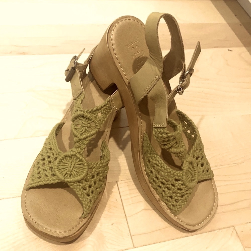 Sundance leather crochet wood sandals by Latigo